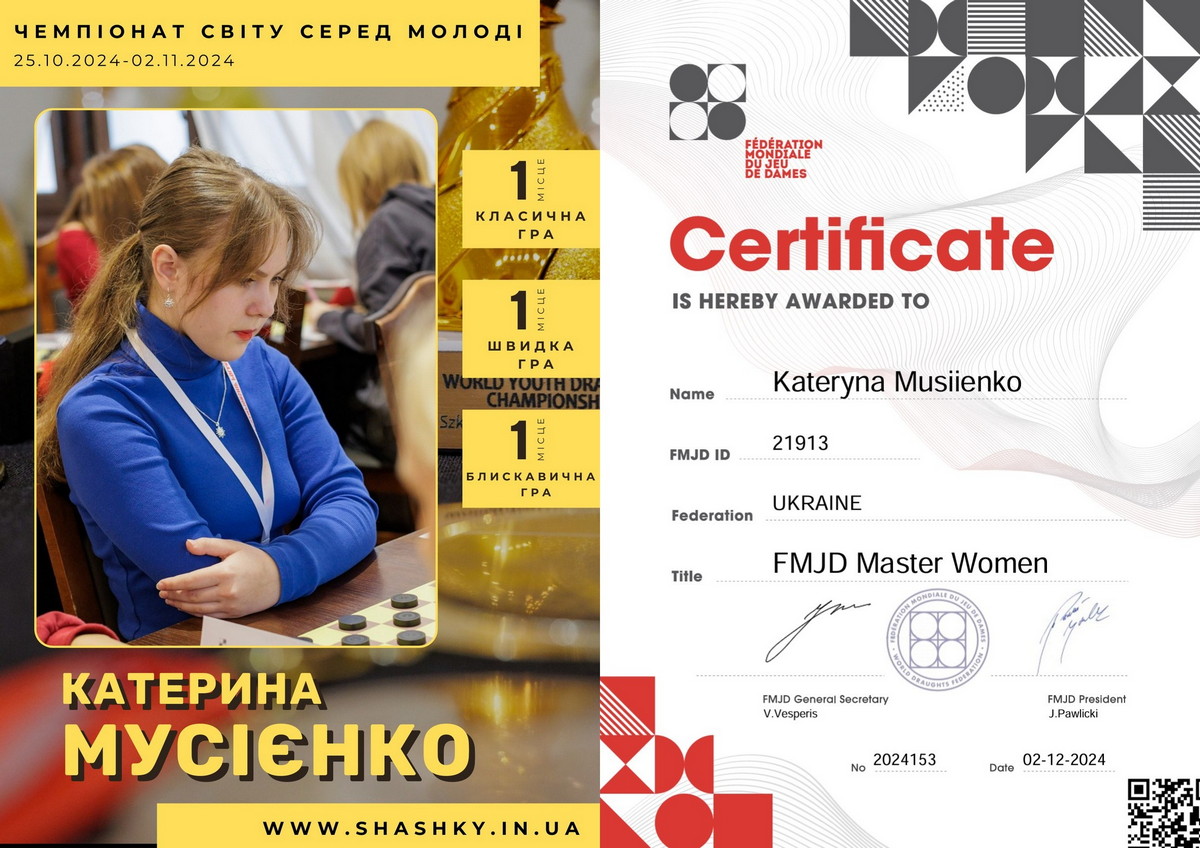 Шашкістка з Харкова Мусієнко Катерина стала майстром FMJD